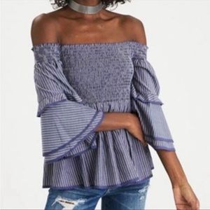 American Eagle Blue & White Stripes Off-shoulder Smocked Top Size XS